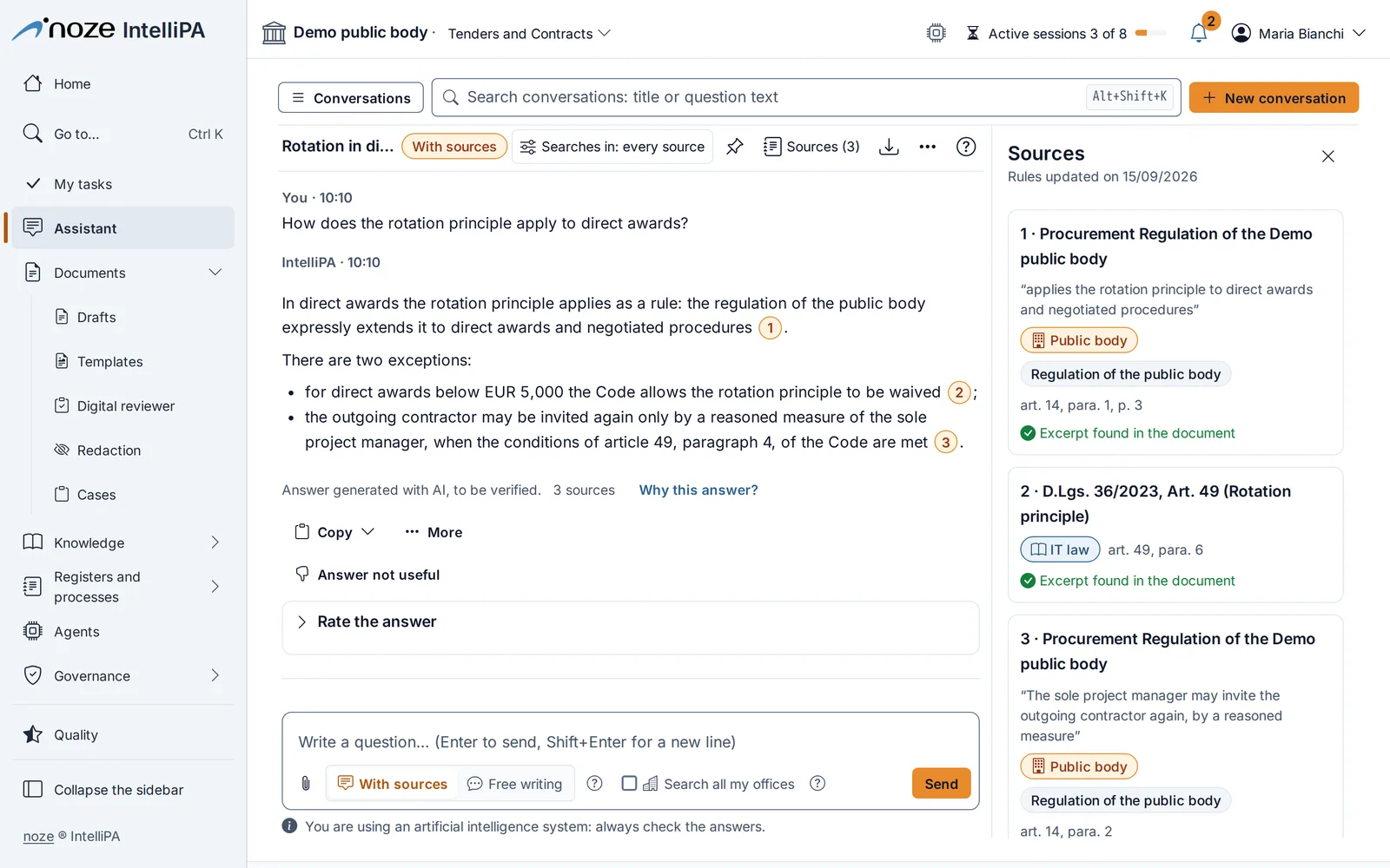Assistant answer on rotation in direct awards, with numbered citations and the sources panel