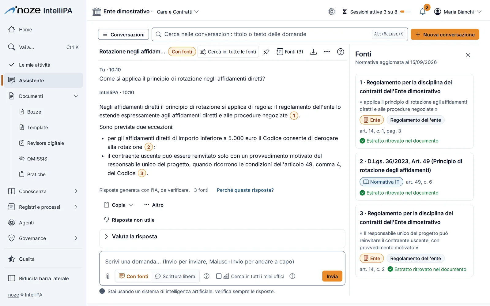 Risposta dell'Assistente sulla rotazione negli affidamenti diretti, con citazioni numerate e il pannello delle fonti