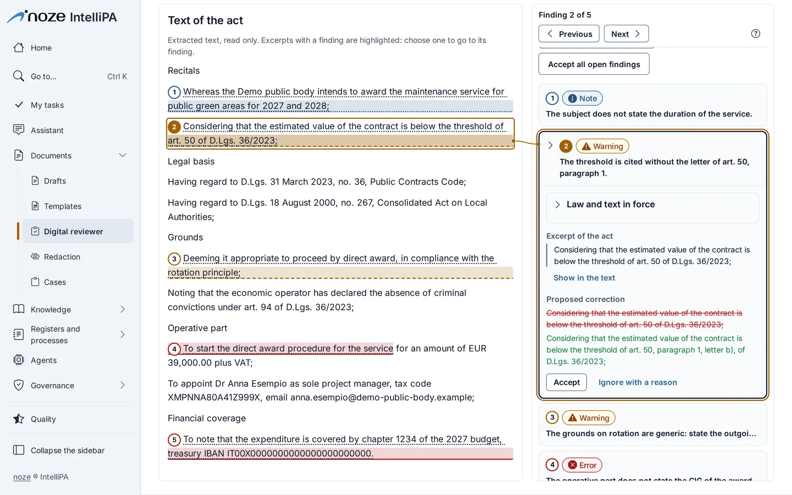 Digital Reviewer on a determination: a finding linked to its excerpt, with the proposed correction and the Accept and Dismiss with reason buttons