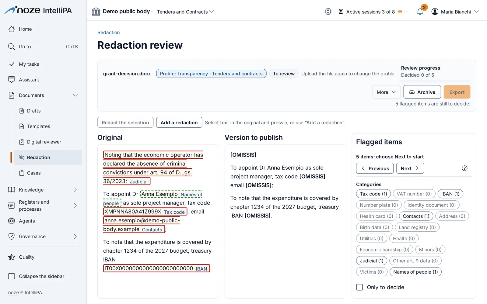 Redaction review with the original act and the version to publish
