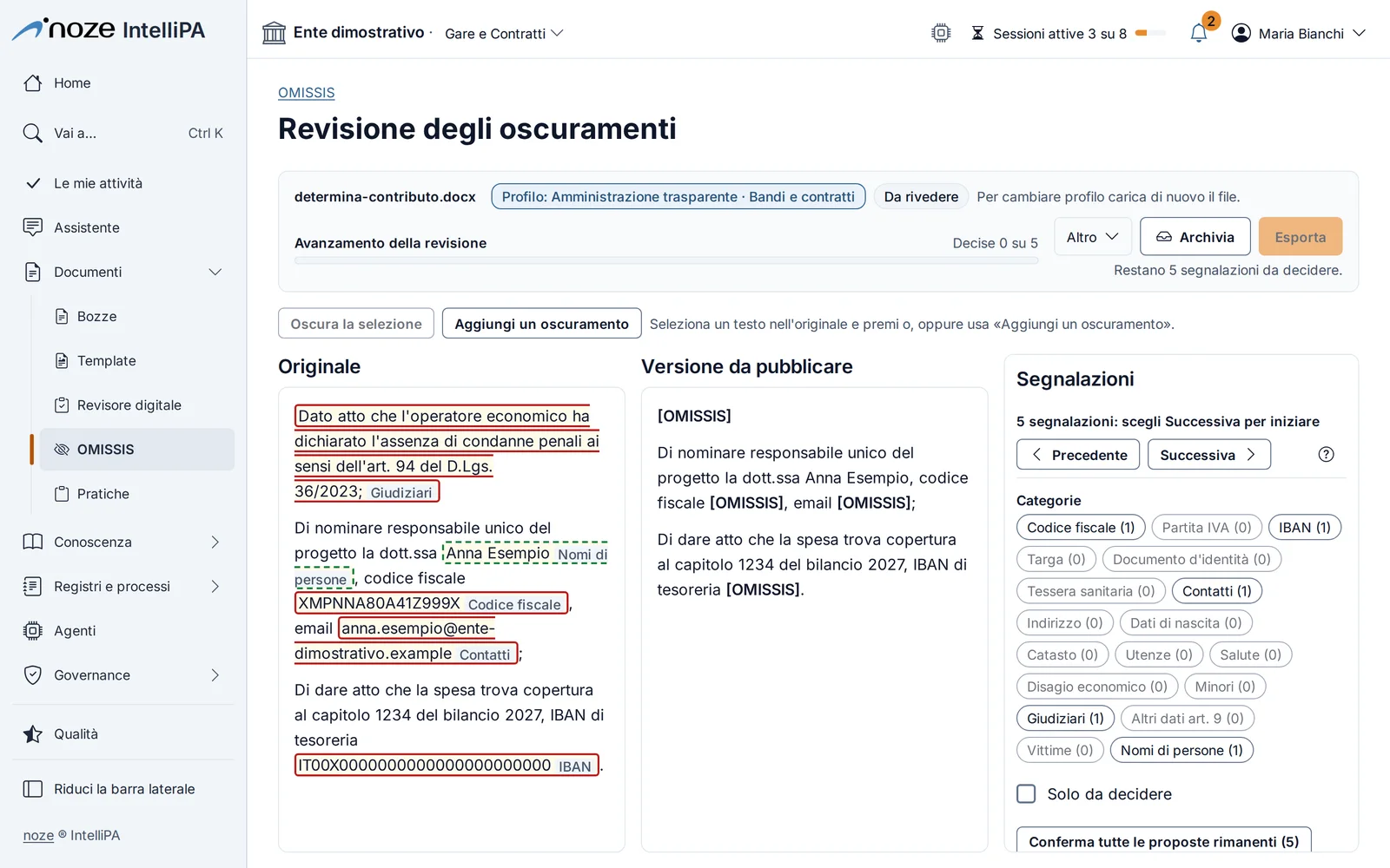 Revisione degli oscuramenti con l'atto originale e la versione da pubblicare