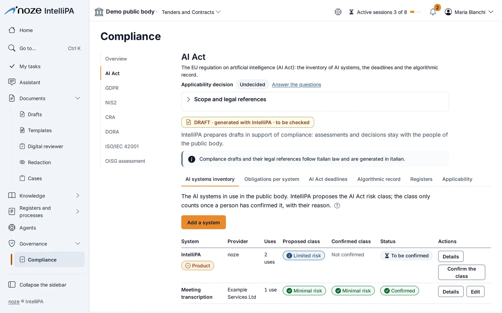 AI Act inventory of the organisation's AI systems: proposed class, class confirmed by a person and status