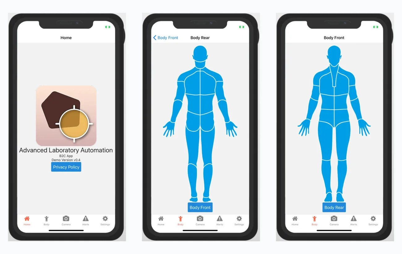 App ALA per il cittadino: schermata Home con privacy policy, manichino nella vista posteriore e nella vista anteriore del corpo