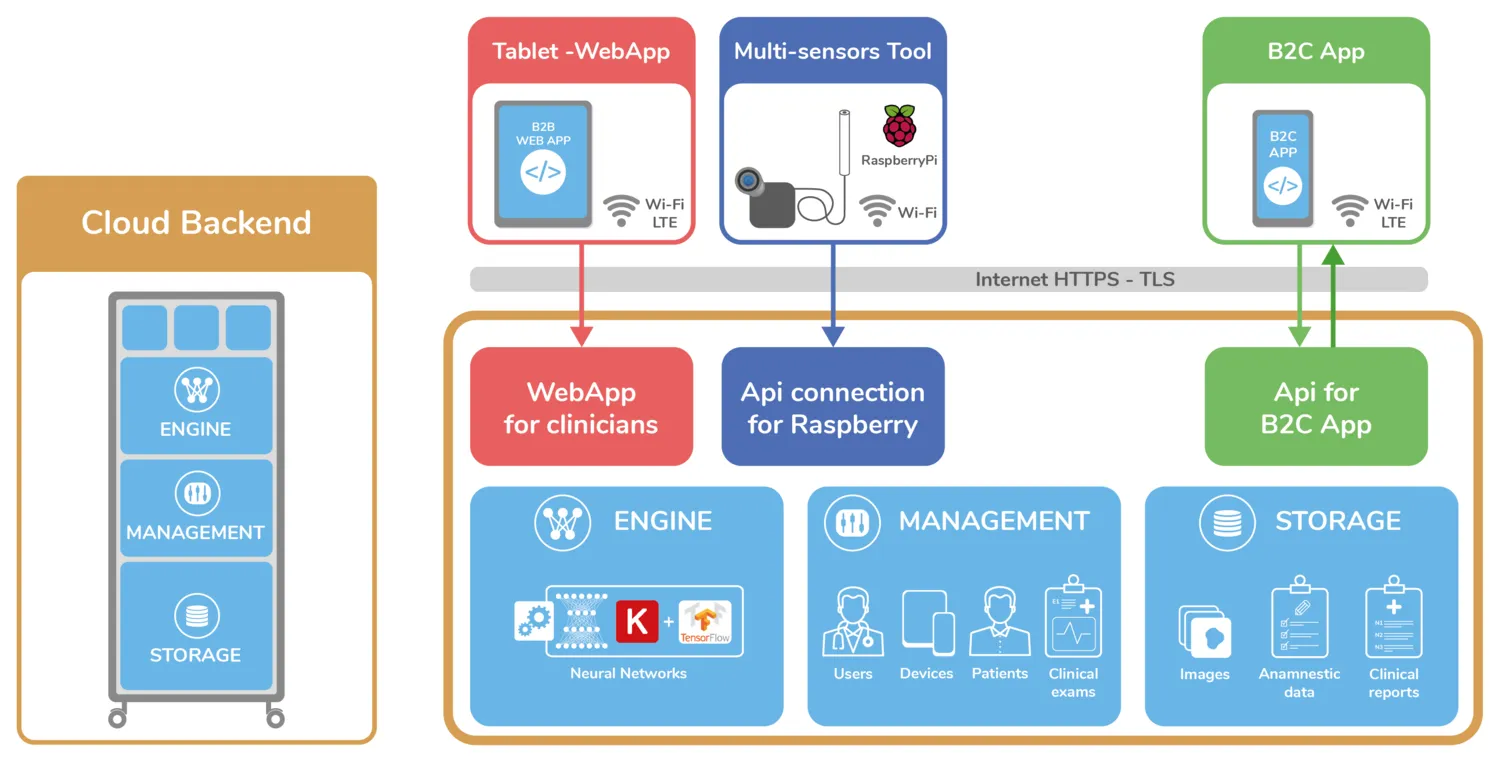 Architettura IT del work package: backend cloud con Engine, Management e Storage, e tre client (web app per i clinici, strumento multisensore su Raspberry Pi, app per il cittadino) connessi via HTTPS e TLS