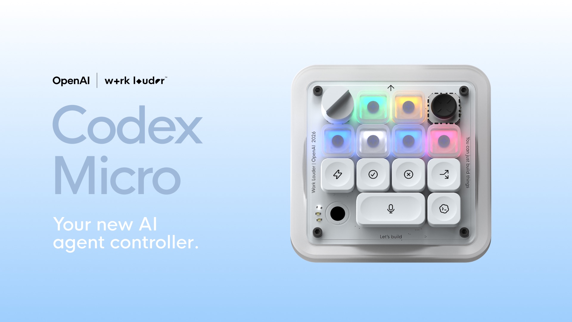 OpenAI and Work Louder's Codex Micro: a macropad with six lit RGB agent keys, command keys, a joystick and a reasoning-level dial