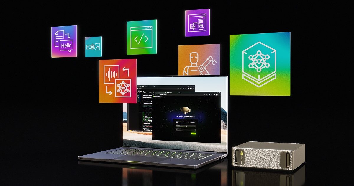 La workstation NVIDIA DGX Spark accanto a un portatile che mostra la schermata di configurazione, circondata dalle icone dei carichi di lavoro AI: codice, voce, immagini, robotica