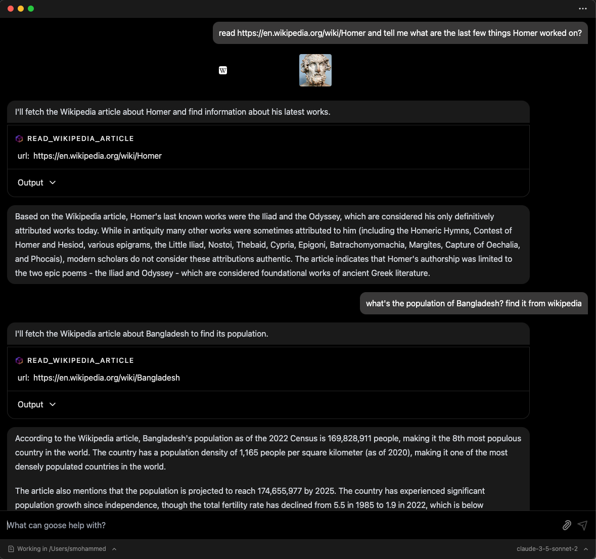 Finestra dell'app desktop Goose in tema scuro: il transcript alterna le domande dell'utente, i blocchi di chiamata allo strumento READ_WIKIPEDIA_ARTICLE con l'URL interrogato e le risposte del modello, mentre la barra inferiore mostra la directory di lavoro e il modello selezionato