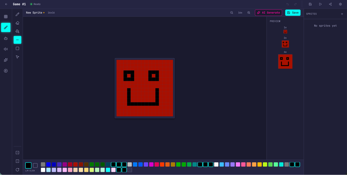 Screenshot dell'editor di sprite del gioco costruito dall'harness completo di Anthropic: una griglia 16x16 con uno sprite pixel-art, la palette dei colori, l'anteprima a 1x, 2x e 4x e un pulsante AI Generate