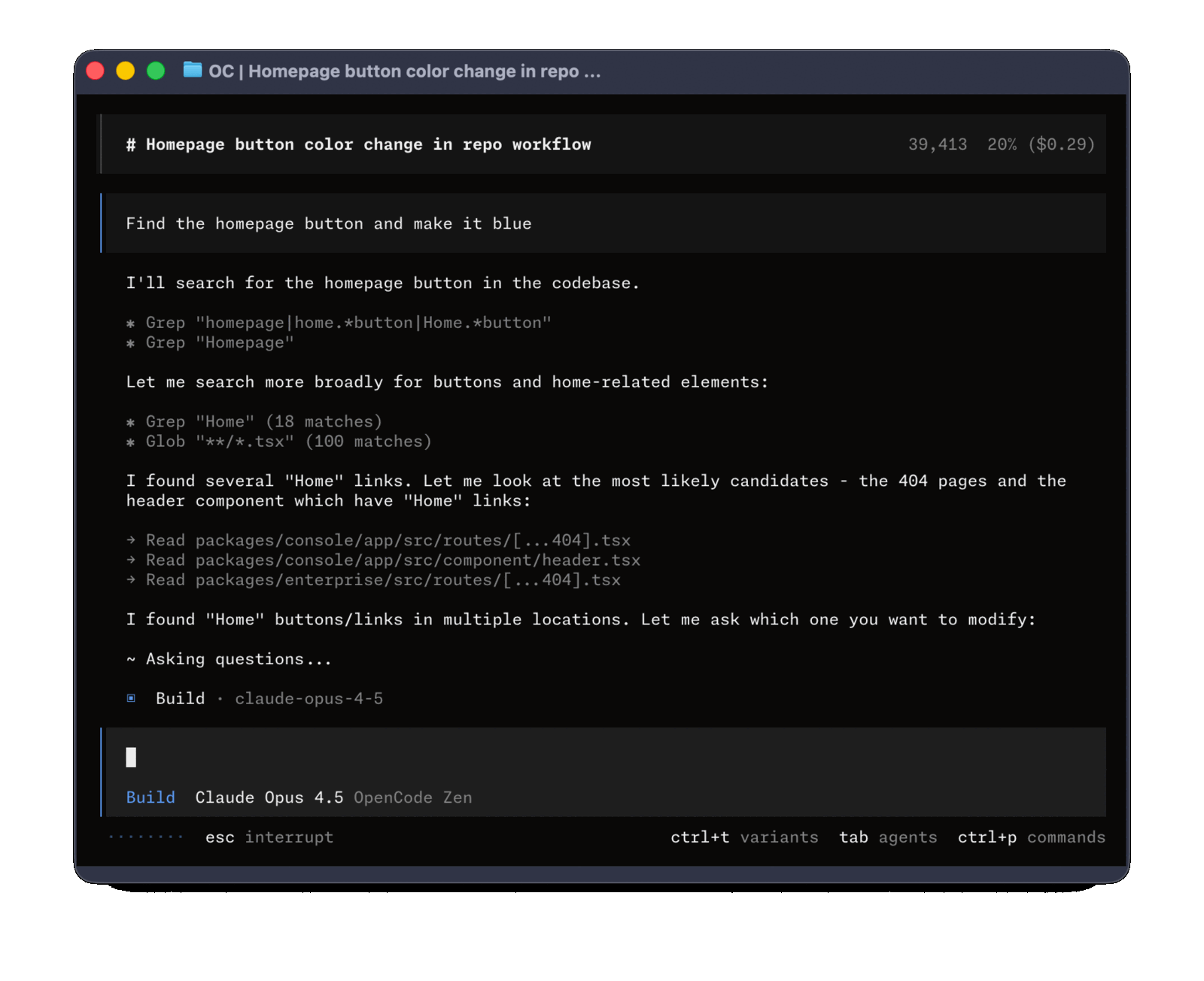 Finestra di terminale con l'interfaccia opencode: il transcript di una sessione di coding elenca i comandi Grep, Glob e Read eseguiti dall'agente con il numero di risultati trovati, mentre la riga superiore mostra token consumati, percentuale di contesto e costo