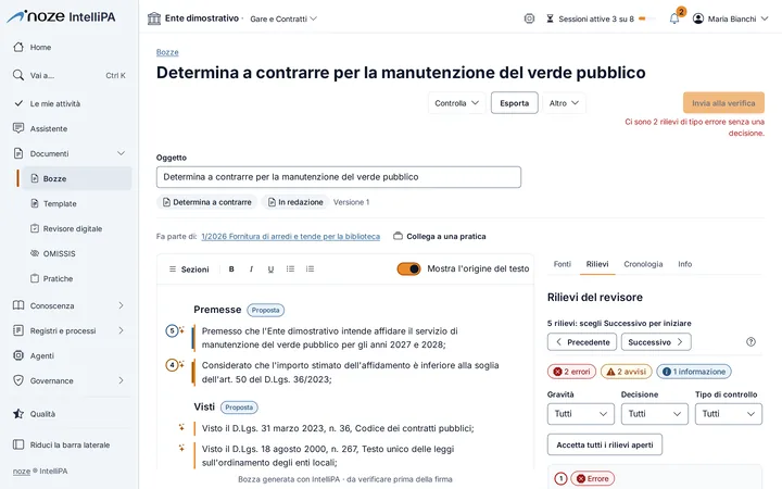 Bozza di determina in IntelliPA con i rilievi del Revisore